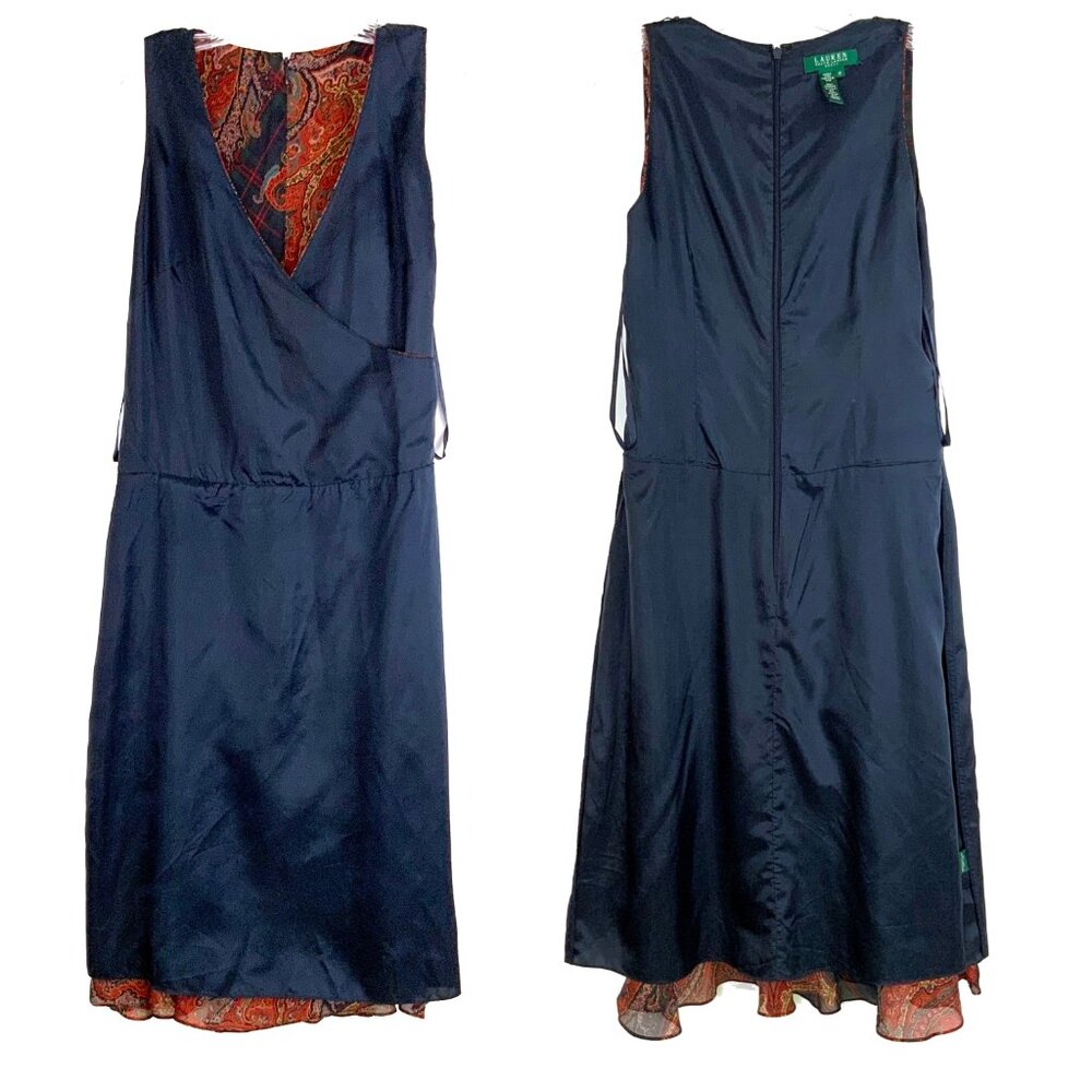 LAUREN Ralph Lauren  Silk Paisley and Plaid Faux Wrap Dress Size 10 - Picture 11 of 16